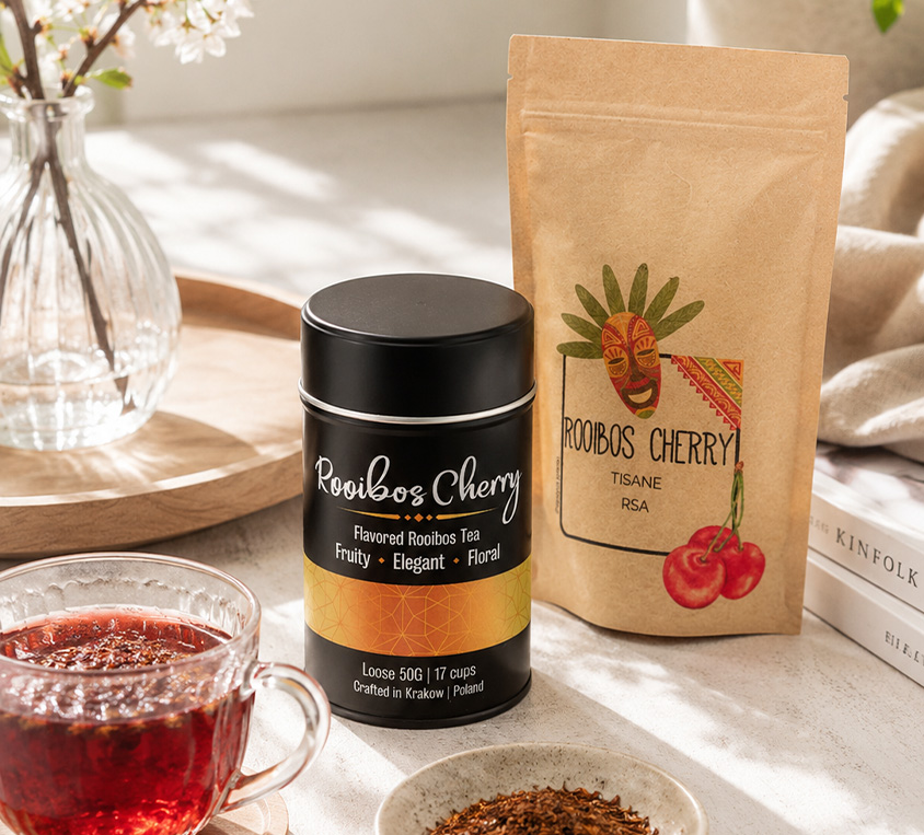 Rooibos Cherry Leo Tea – puszka, doypack i kubek prezentowy